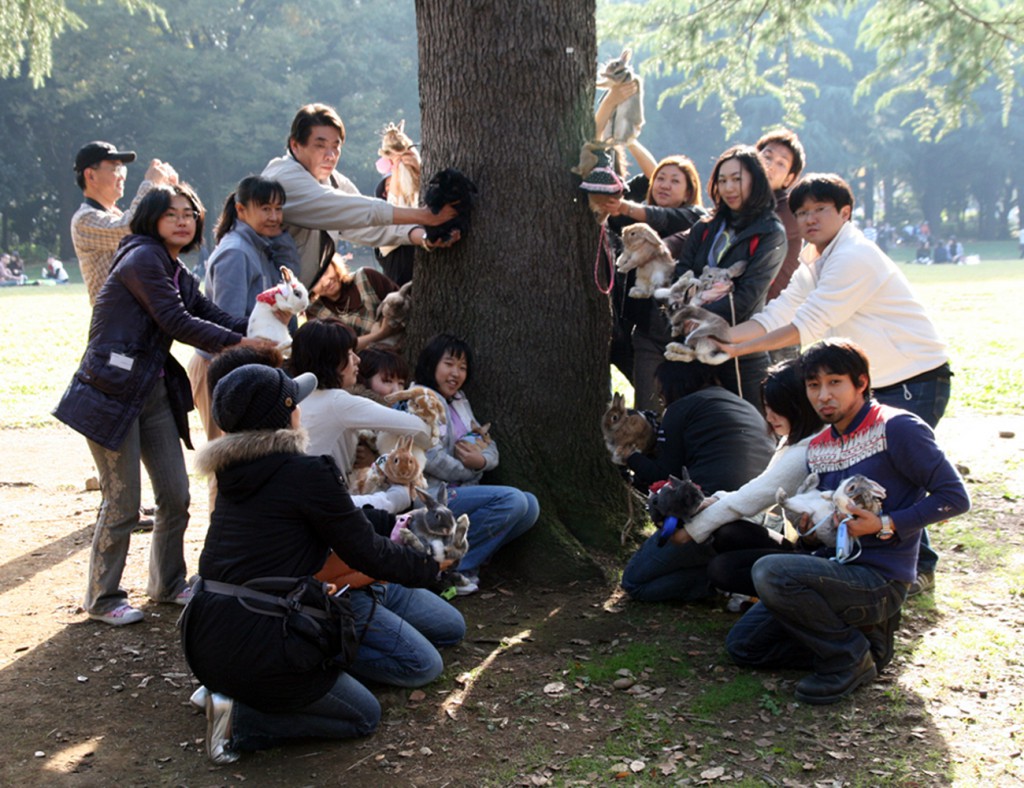 Konijnenliefhebbers poseren met hun konijn voor een ginkgo boom in het Yoyogi park in Tokyo, 2010, KCCM